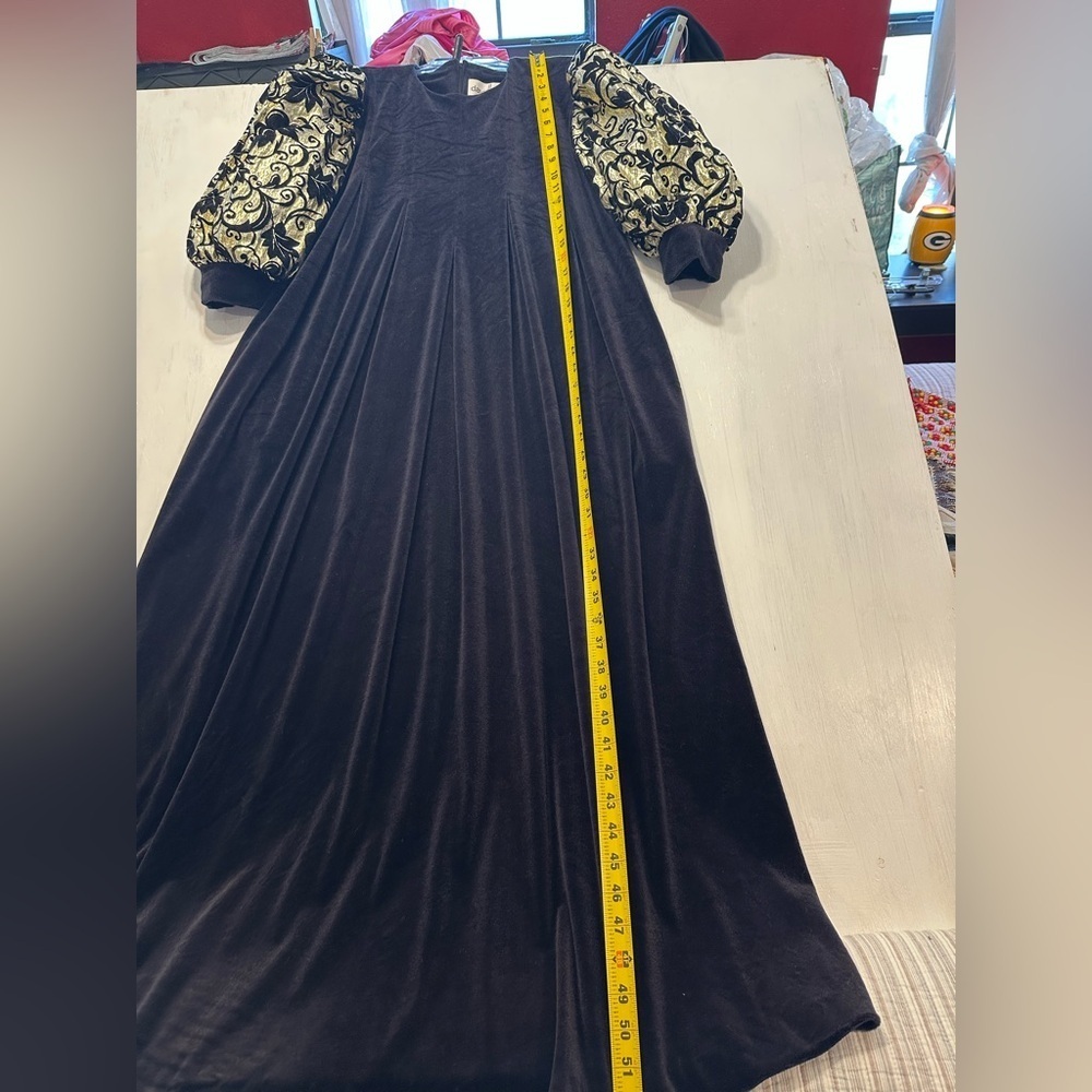 Vintage 80s David Brown Black Velvet Gold Puff Sleeve Evening Dress M - Picture 11 of 12